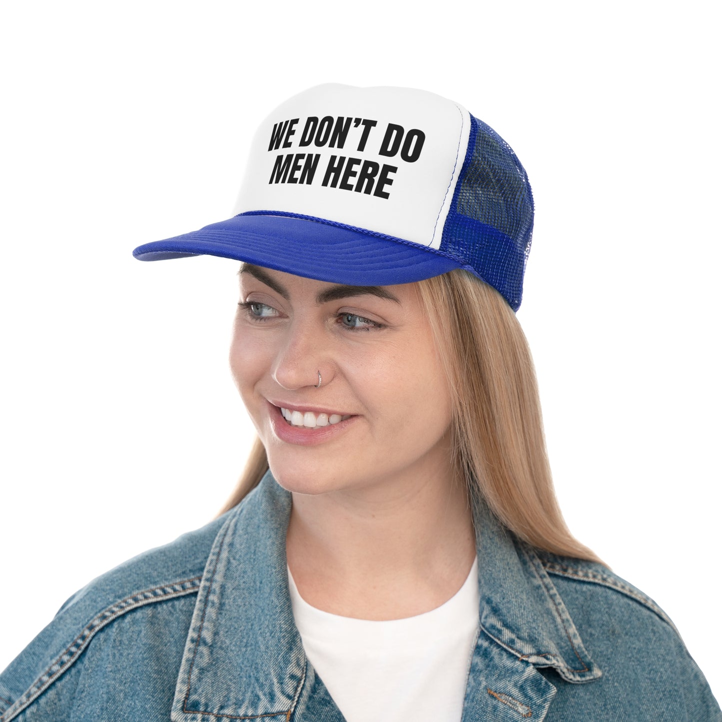 We Don't Do Men Here Trucker Hat | LGBTQ+, Pride Month, Y2K, Gift Idea, Adjustable Hat |
